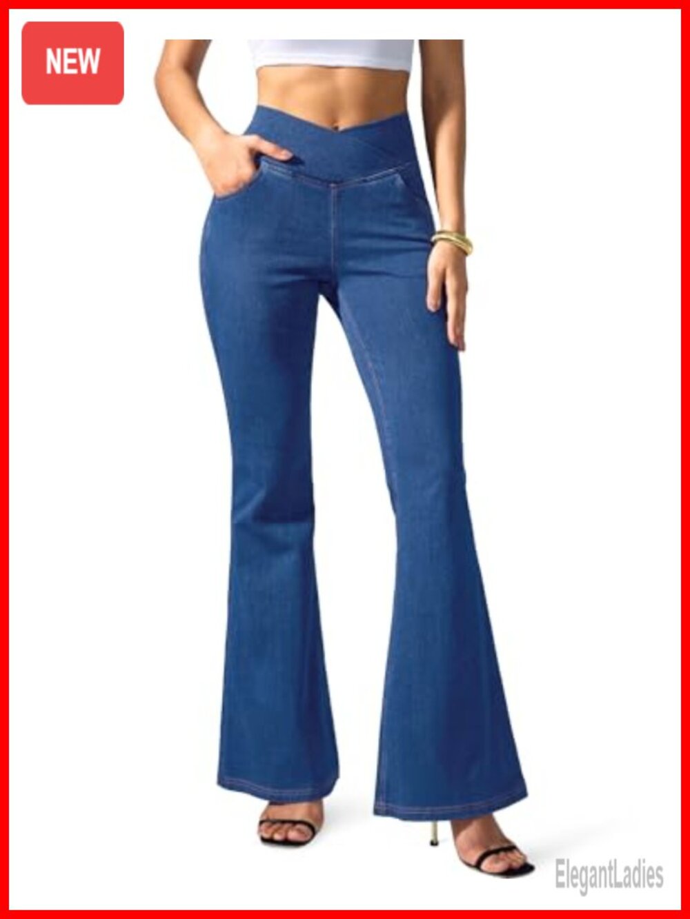 High Waisted Crossover Flare Jeans Stretchy Knit Bell Bottom Pull-On Pants